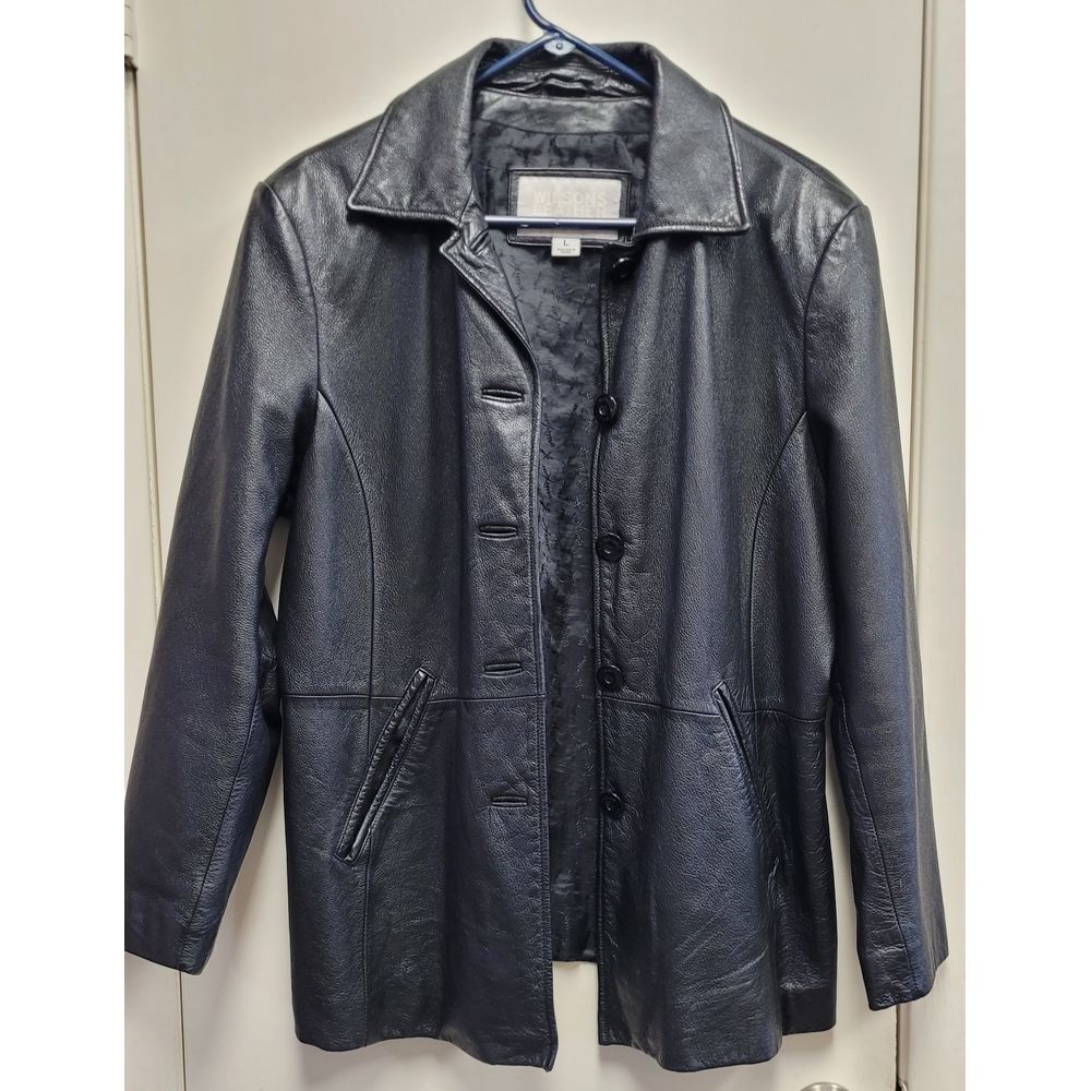 Wilsons Leather Jacket Maxima Women's Black Button‎ Collared Size Large Overcoat